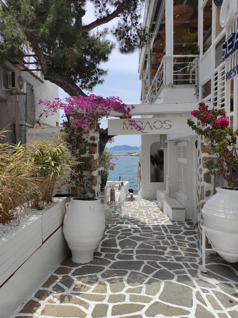 A charming Greek alley with white buildings and vibrant flowers opening to a coastal view.