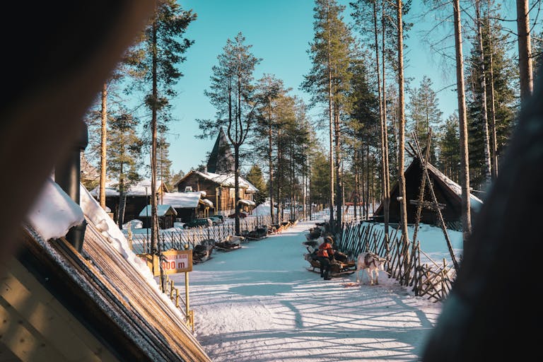 Cozy Finnish village with snow, reindeer rides, and wooden houses under a clear winter sky.