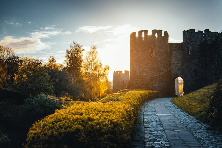 Charming view of a medieval castle with a garden pathway at sunrise, capturing a serene moment in history.